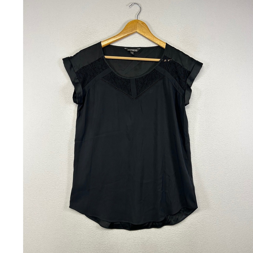 Chic Gothic Express‎ Womens Size M Black Lace Yoke Cuffed Cap Sleeve Blouse Top